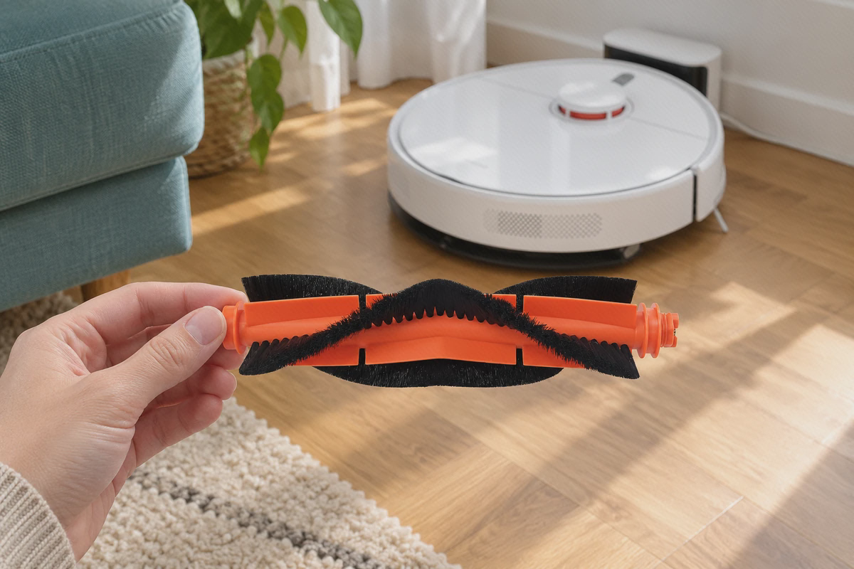 برس اصلی S40C در دست کنار جارو، با پره‌های مشکی و اتصال نارنجی دو سر