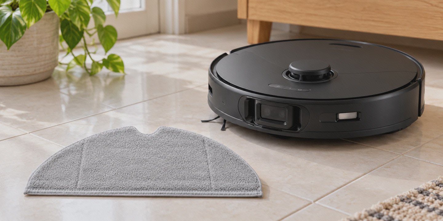 پد تی میکروفیبر Roborock S8 Pro Ultra کنار دستگاه پد تی نیمدایره خاکستری با فرورفتگی وسط، کنار جارو مشکی روبوراک S8 Pro Ultra