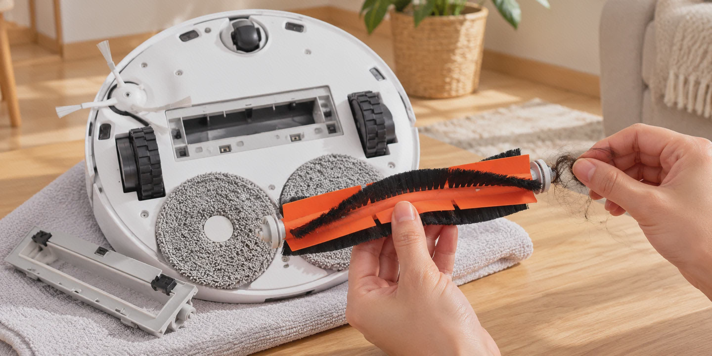 تمیزکردن موهای دور برس اصلی X10 Plus جداکردن مو از سر برس اصلی X10 Plus، کنار محل خالی غلتک زیر جارو