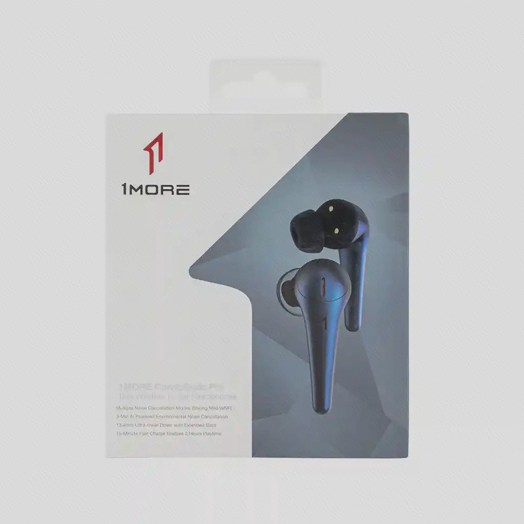 جعبه 1MORE ComfoBuds Pro با تصویر ایربادهای آبی و نام محصول روی بخش پایین
