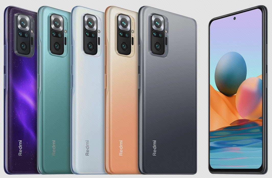 مرجع رسمی Redmi Note 10 Pro تصویر رسمی Redmi Note 10 Pro با دوربین نقطهای مرکزی در جلو و رنگهای مختلف بدنه پشت