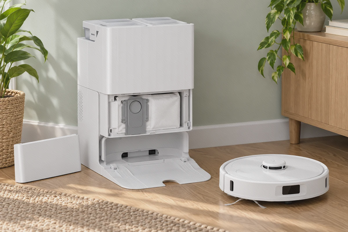 پاکت سفید در محفظه باز داک سفید Roborock Qrevo Plus کنار جاروی رباتیک