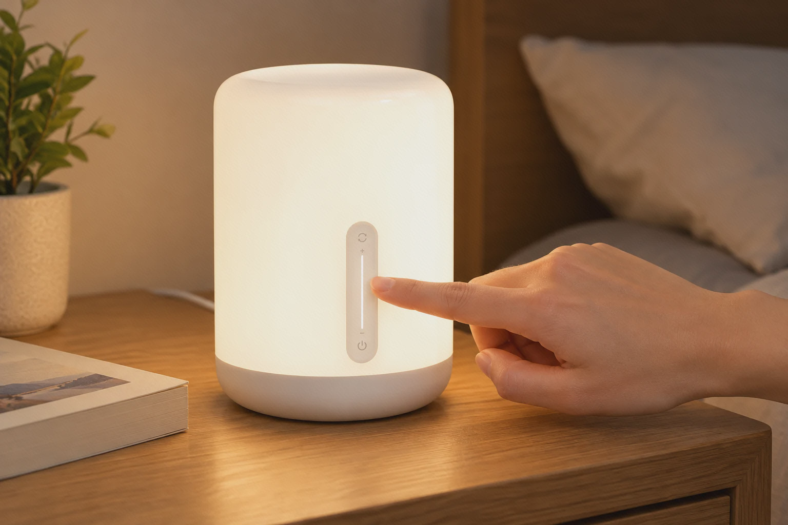 تنظیم نور گرم چراغ Bedside Lamp 2 با انگشت روی نوار لمسی، روی پاتختی چوبی