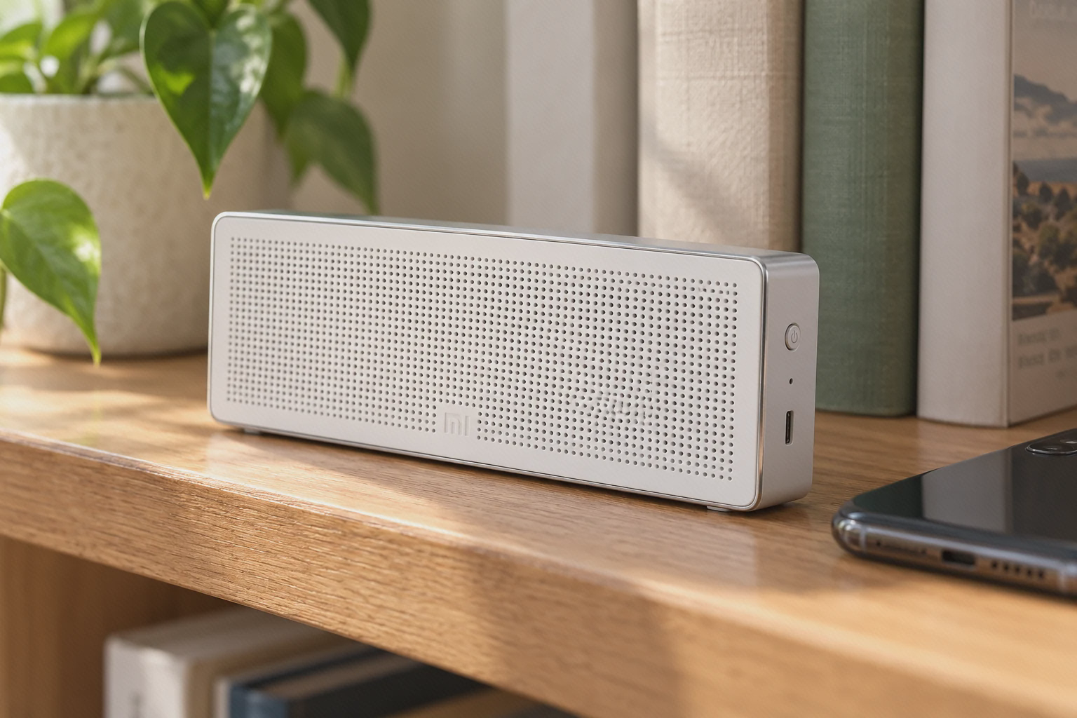 اسپیکر سفید Square Box شیائومی کنار گوشی روی قفسهٔ مطالعه