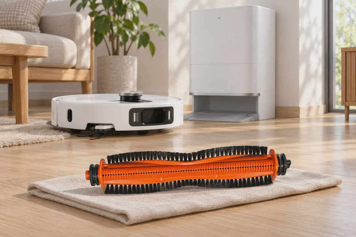 برس اصلی نارنجی Xiaomi Vacuum 5 Pro کنار جارو و ایستگاه سفید دستگاه