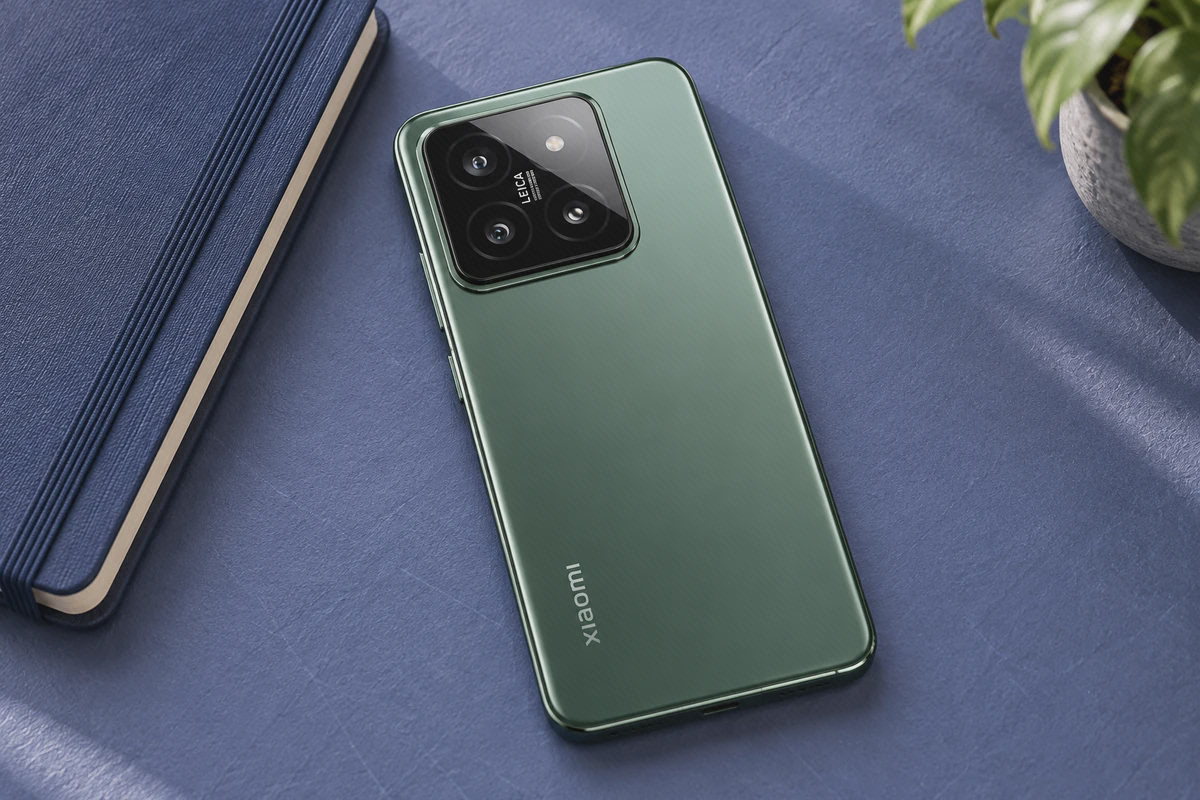 گوشی Xiaomi 14 سبز از پشت با ماژول دوربین لایکا روی میز آبی