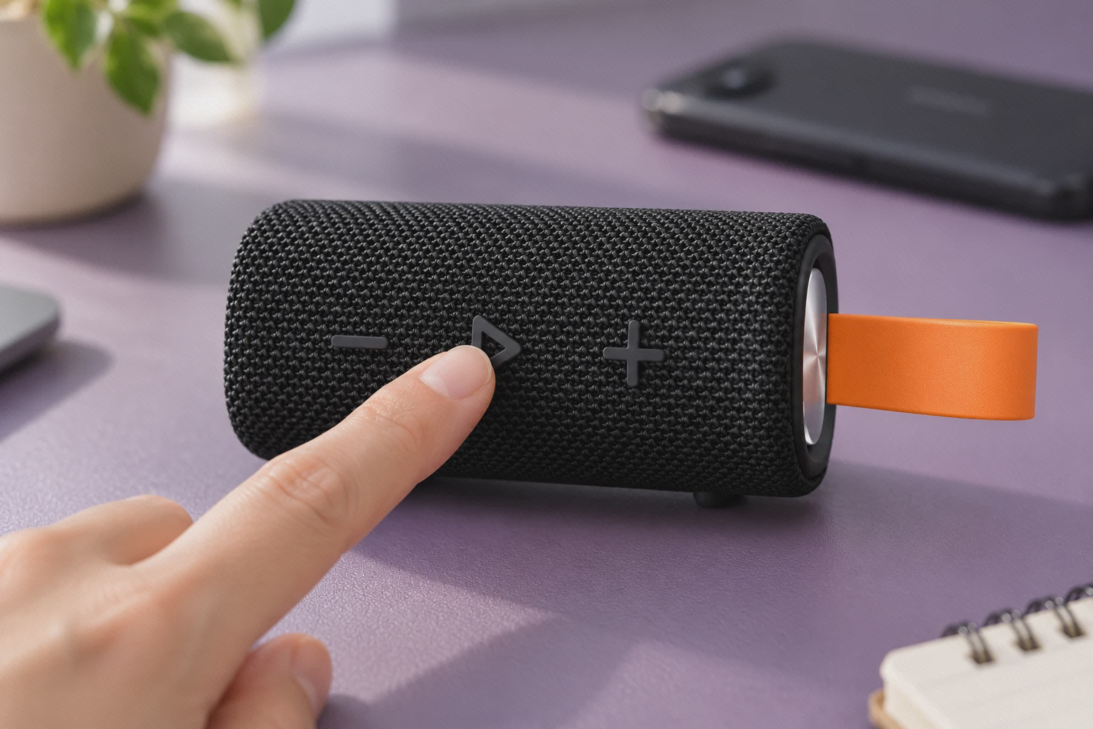 اسپیکر Sound Pocket به حالت افقی با کلیدهای صدا و پخش روی میز