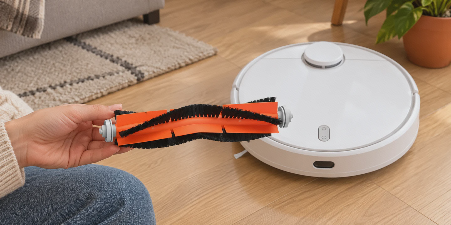 برس اصلی شیائومی Mop 2 Pro کنار دستگاه برس اصلی نارنجی با موهای مشکی در دست کنار جارو سفید Mop 2 Pro