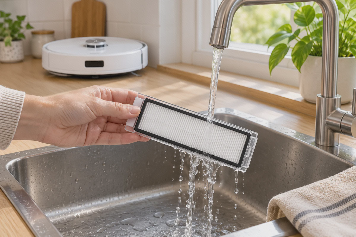 تصویر تمیزکردن فیلتر روبوراک S8 Pro کنار سینک فیلتر چیندار روبوراک S8 Pro در دست، زیر جریان آب کنار سینک استیل