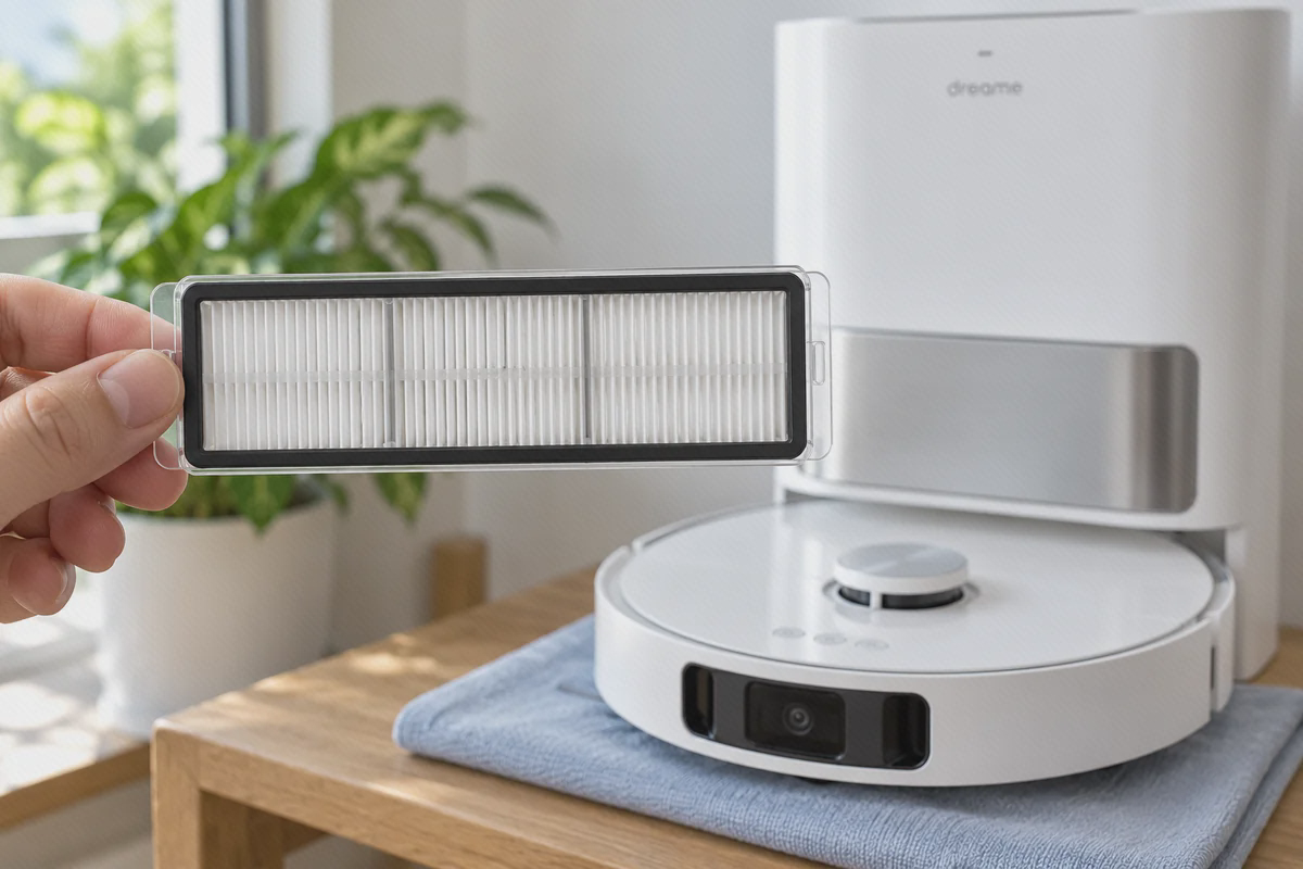قاب و سطح چیندار فیلتر Dreame L10s Ultra نمای نزدیک فیلتر چیندار سفید با قاب مشکی در دست، کنار دستگاه دریم L10s Ultra
