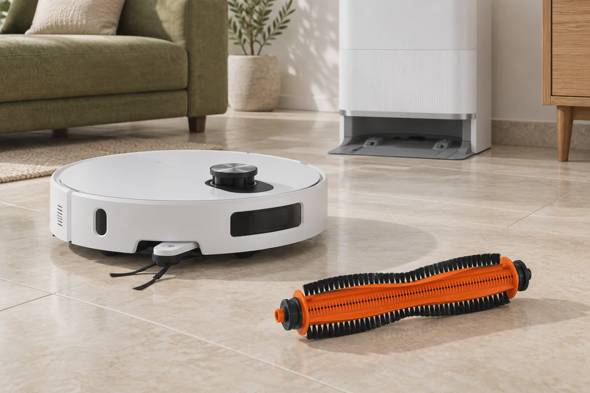 برس اصلی Xiaomi Vacuum 5 روی کف روشن کنار جارو رباتیک سفید