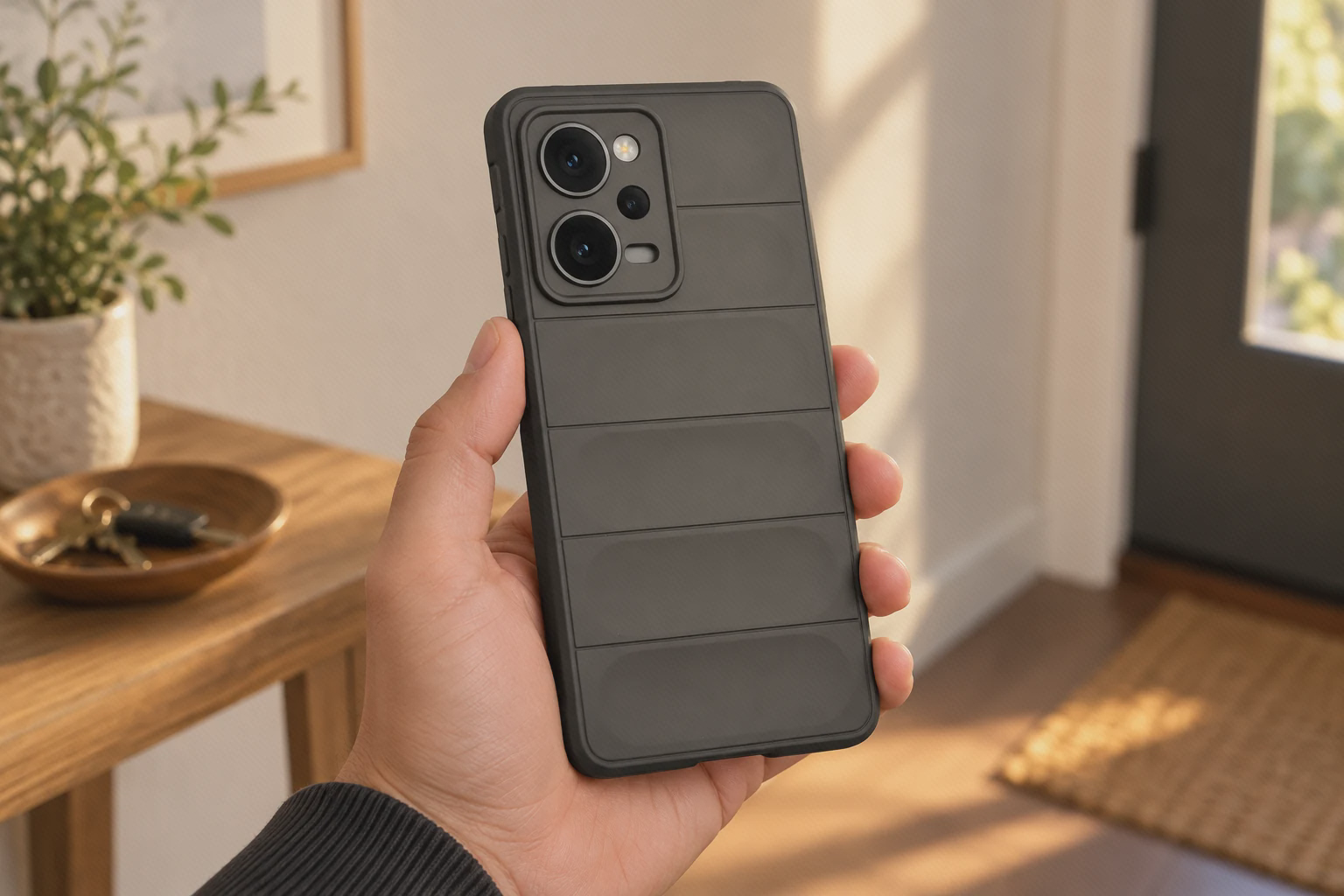 قاب پافر POCO X5 PRO روی گوشی، با نمای دوربین و پشت شیاردار در دست
