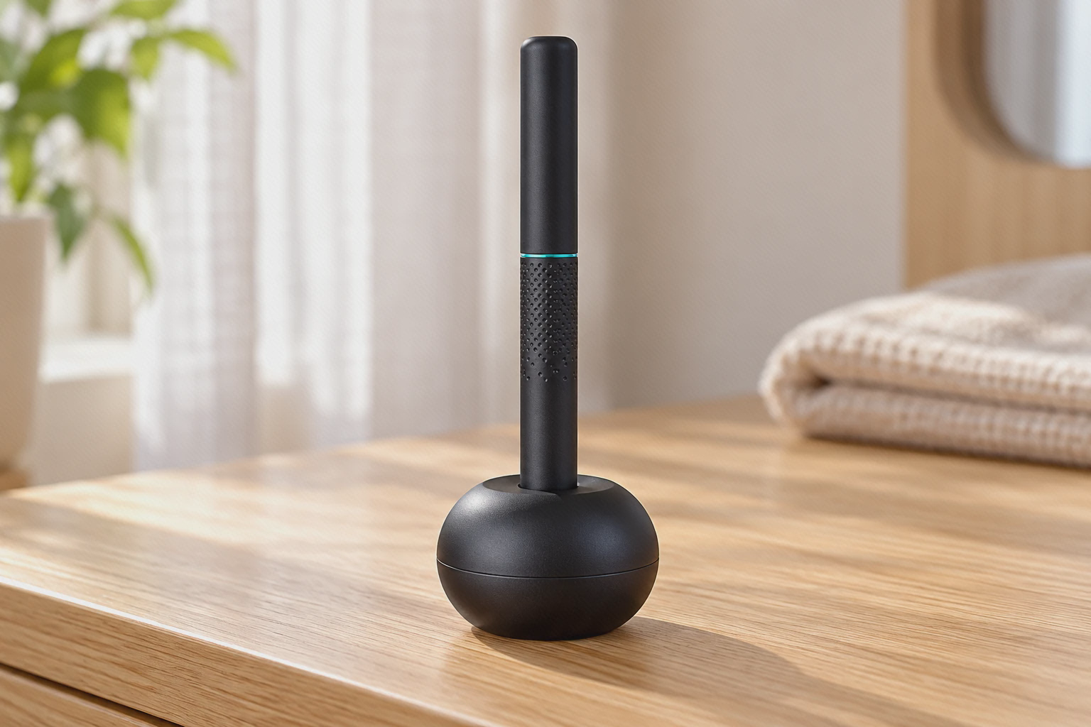 قلم با درپوش بسته روی پایهٔ گرد؛ محفظهٔ سریها داخل پایه قرار داره. Bebird M9 Pro مشکی با درپوش بسته روی پایهٔ گرد روی میز چوبی