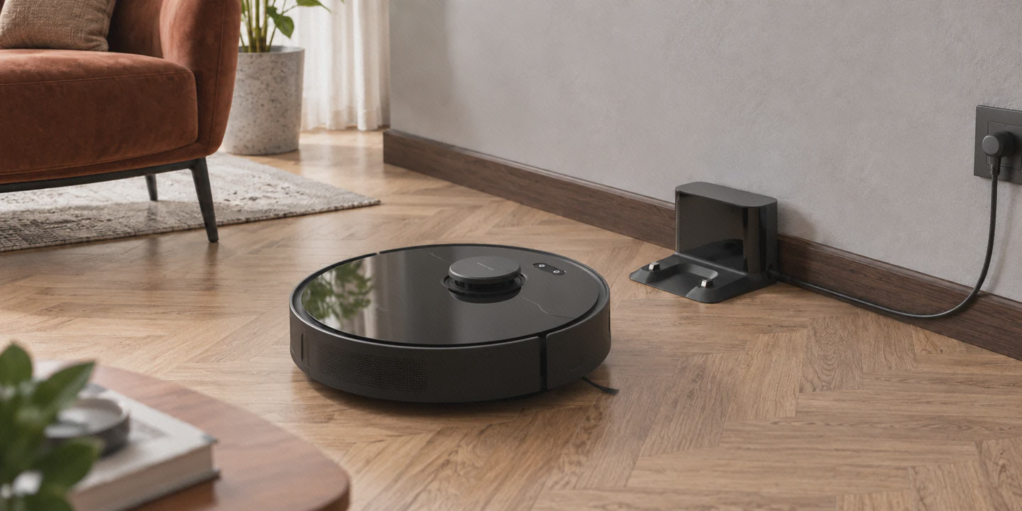 محل قرارگیری پایه شارژ دریم D9 Max در خانه پایه شارژ کوچک مشکی دریم D9 Max کنار دیوار با مسیر باز برای برگشت جارو