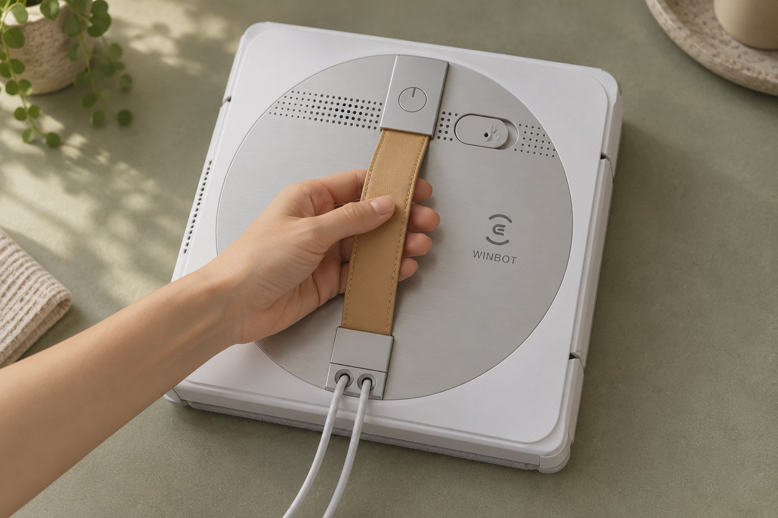 جزئیات دسته و پنل وینبات W1 Pro دست کاربر روی دستهٔ طلایی ربات Winbot W1 Pro، روی سطح خشک