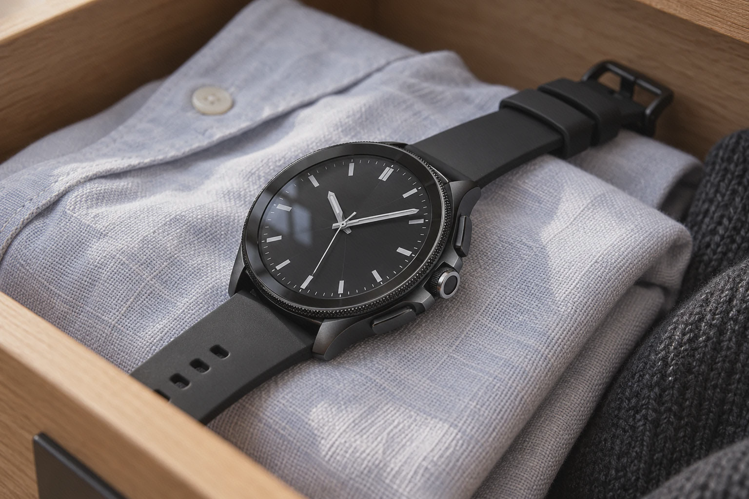 نمای نزدیک Xiaomi Watch 2 Pro مشکی با تاج گرد میان دو دکمهٔ کشیده و بند باز روی پیراهن