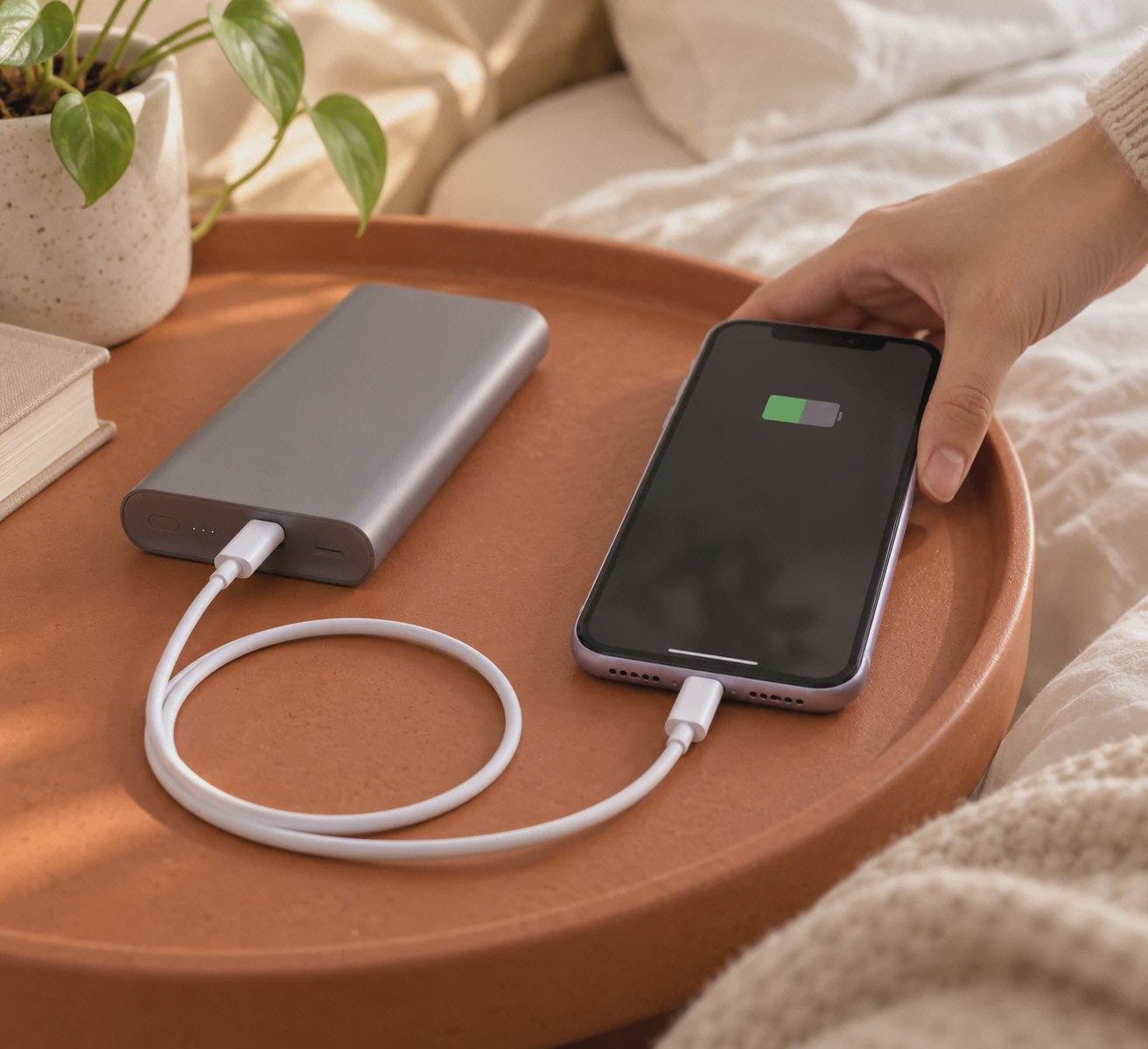 استفاده از کابل Mi Type-C to Lightning با گوشی لایتنینگ کابل لایتنینگ شیائومی متصل به گوشی و منبع برق دارای USB-C