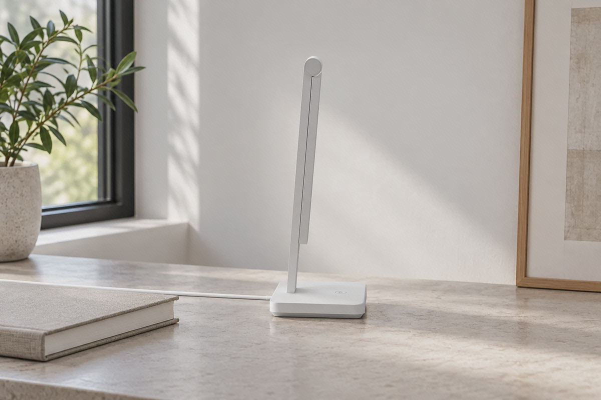 چراغ سفید میجیا Smart Lite با سر جمع‌شده کنار ستون روی میز