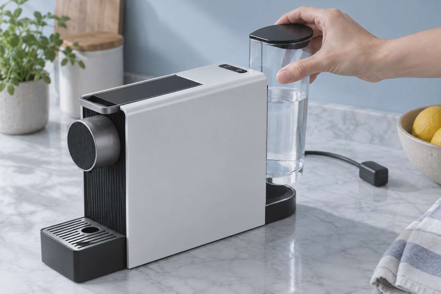 جاگذاری مخزن آب شفاف قهوه‌ساز SCISHARE Mini S1201 با یک دست در قسمت پشت دستگاه