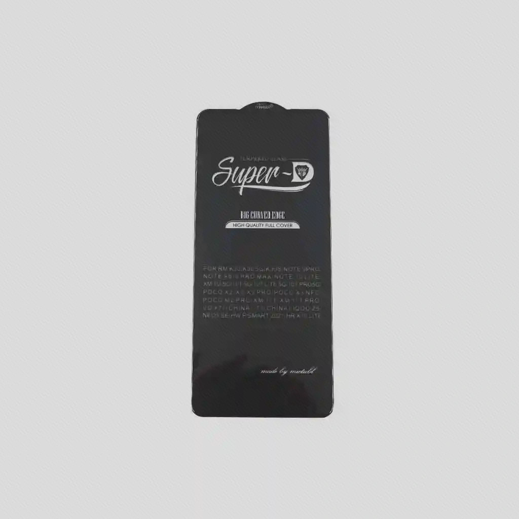نمای عمومی گلس Super D معرفیشده برای Note 10 Pro محافظ با لایه چاپی مشکی Super D و نوشته چند مدل در نمای عمومی روبهرو