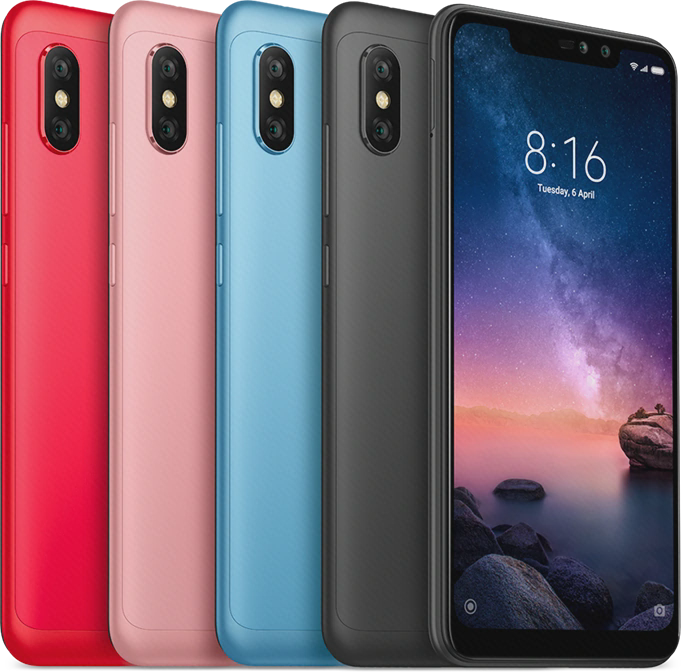 نمای رسمی گوشی Redmi Note 6 Pro با چند رنگ پشت و نمای جلوی نمایشگر ناچ‌دار