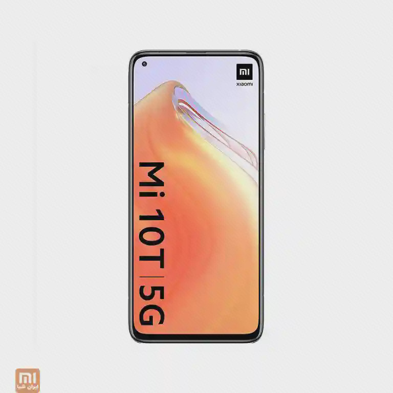 نمای جلوی گوشی Mi 10T 5G با تصویر نارنجی و دوربین سلفی گوشهٔ چپ
