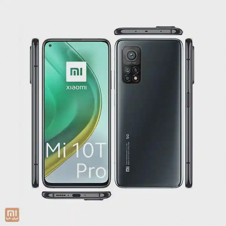 چند نمای Mi 10T Pro شامل پشت، جلو، لبه‌ها و درگاه USB-C پایین