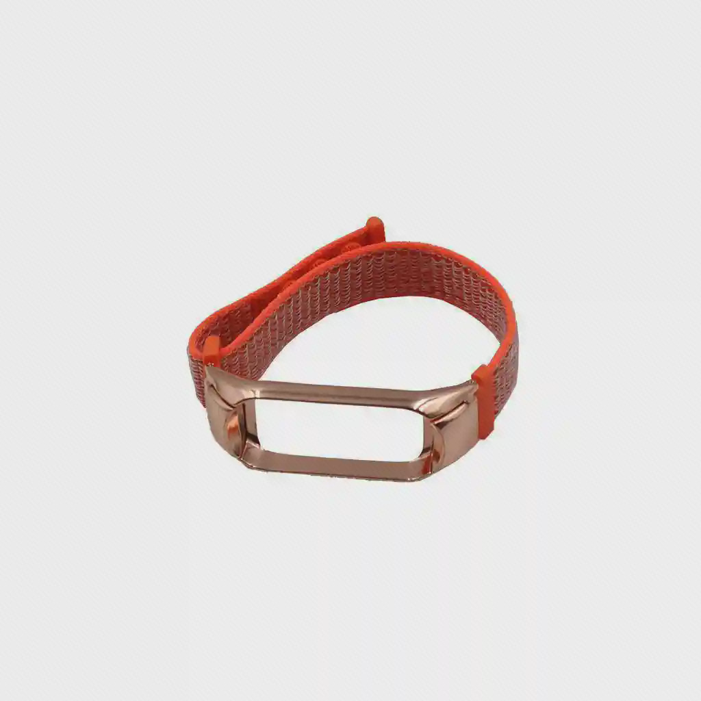 بند پارچه‌ای نارنجی Mi Band 3 با قاب براق رزگلد برای کپسول