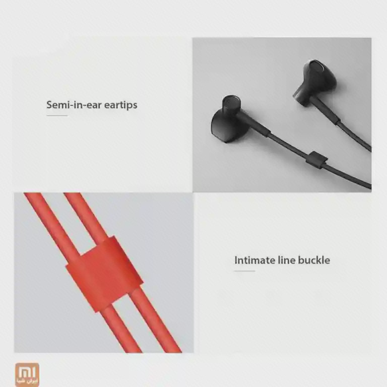 جزئیات گوشی و گیرهٔ سیم Earphones Basic تصویر ترکیبی گوشیهای مشکی Earphones Basic و نمای نزدیک گیرهٔ دو سیم قرمز
