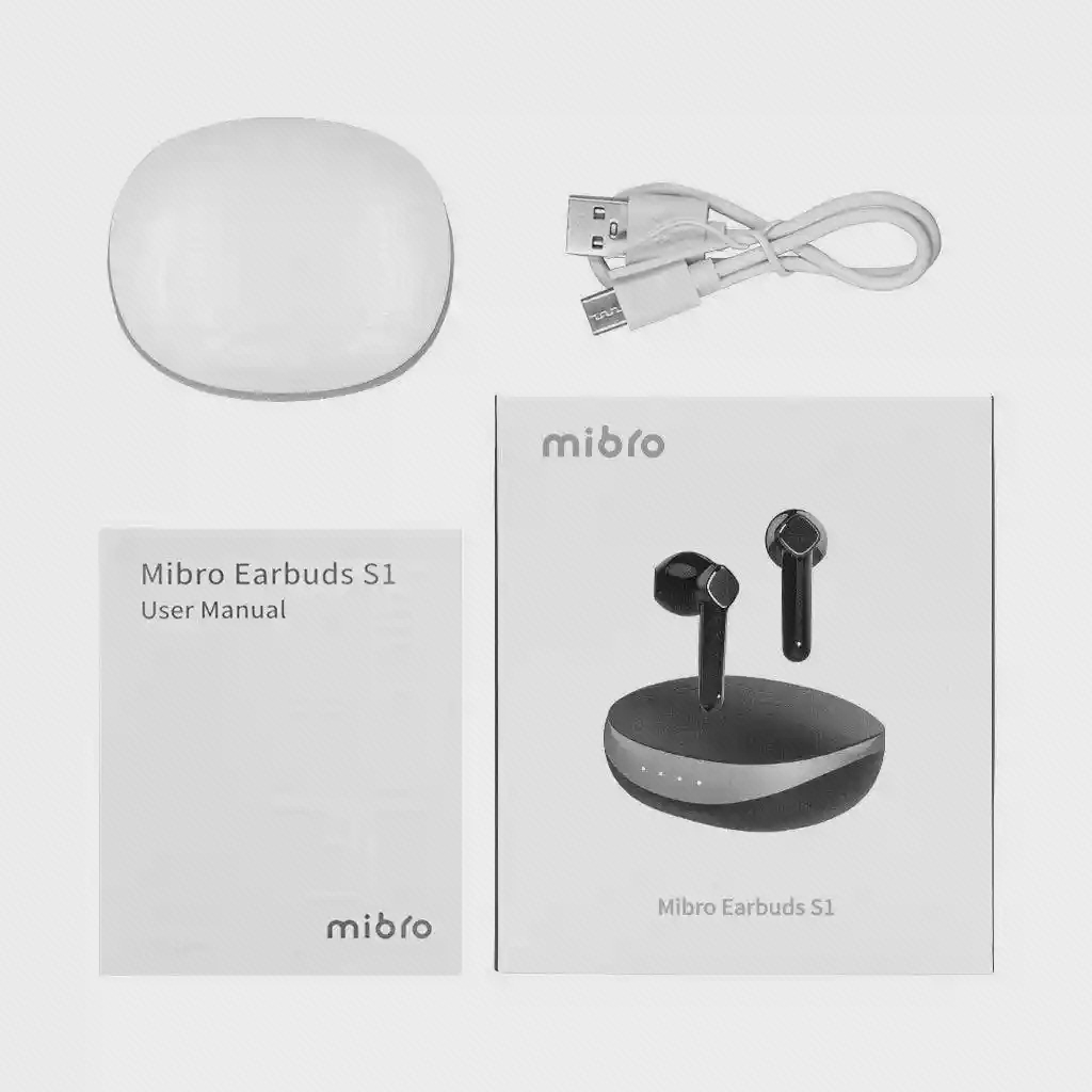 کیس سفید، کابل، دفترچه Mibro Earbuds S1 و جعبه با تصویر نمونه مشکی