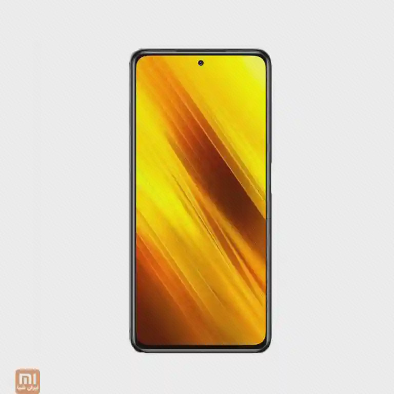 نمای روبه‌روی POCO X3 NFC با نمایشگر زرد و حفرهٔ دوربین در مرکز بالا