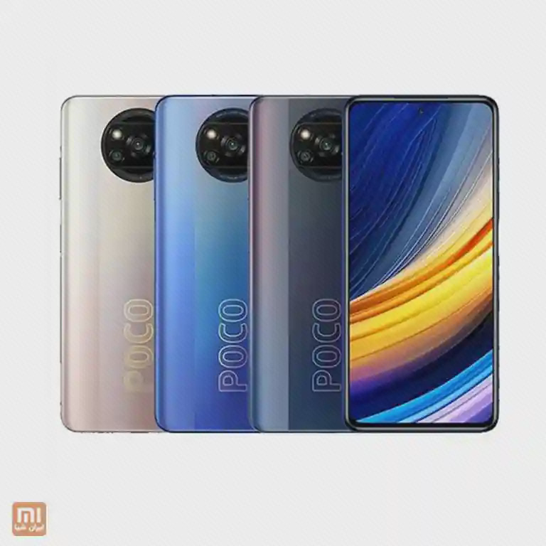 چیدمان رنگ‌های برنزی، آبی و مشکی POCO X3 Pro با نمای جلو