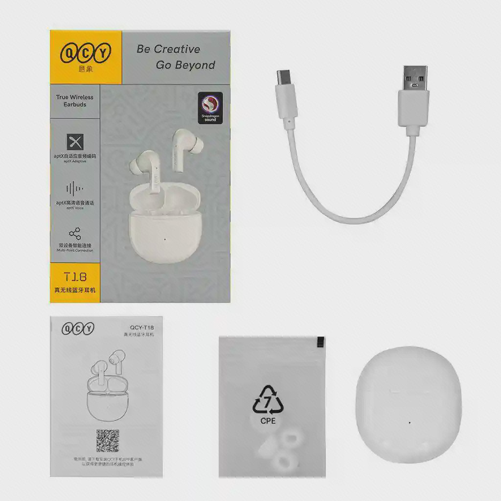 جعبه با نام QCY T18 کنار کیس سفید بسته، کابل USB-A به USB-C و دفترچه