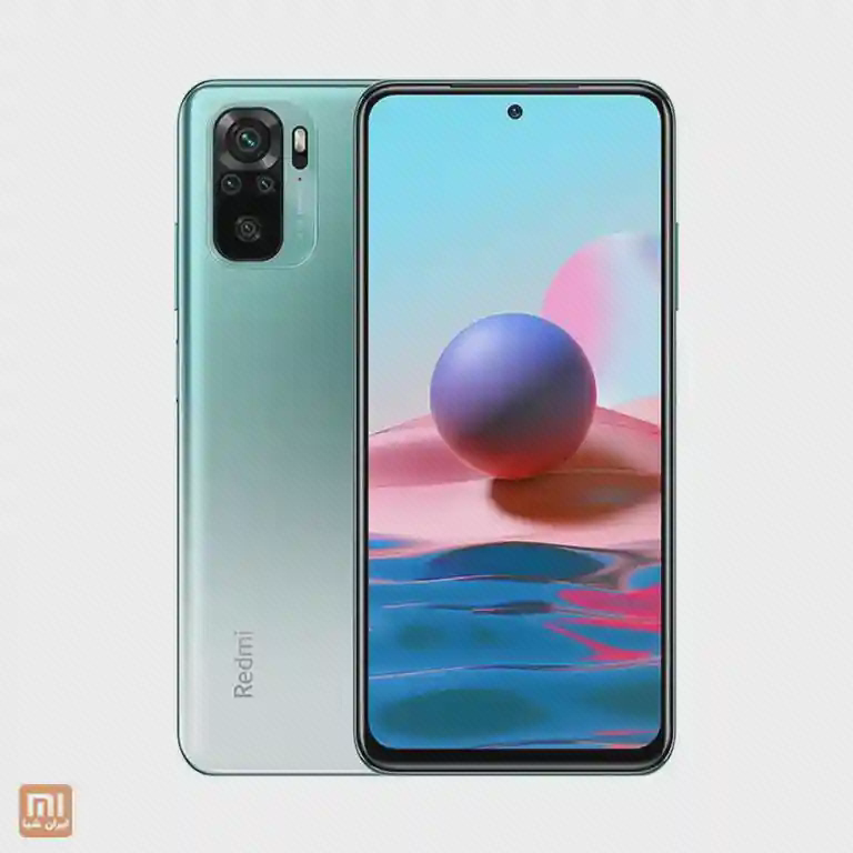 جلو و پشت سبز Redmi Note 10 با نمایشگر روشن و دوربین مستطیلی گوشهٔ پشت