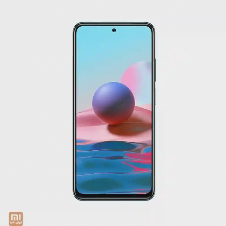 نمای جلوی Redmi Note 10 با نمایشگر روشن و حفرهٔ سلفی مرکزی