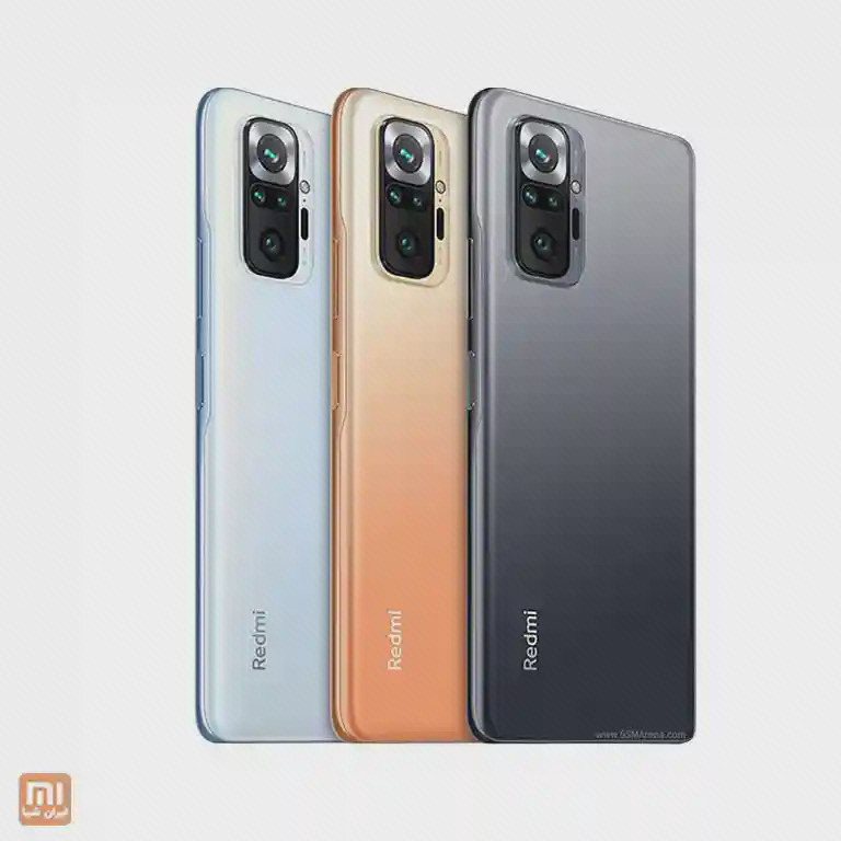 پشت Redmi Note 10 Pro در سه رنگ روشن، برنزی و خاکستری با ماژول چهارگانهٔ دوربین