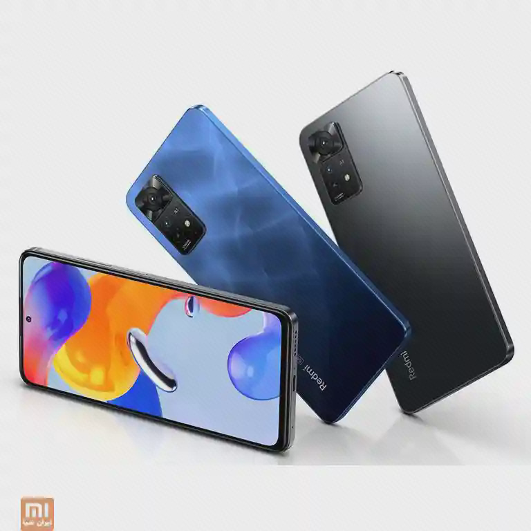 چیدمان مایل نمایشگر و پشت آبی و خاکستری Redmi Note 11 Pro 5G