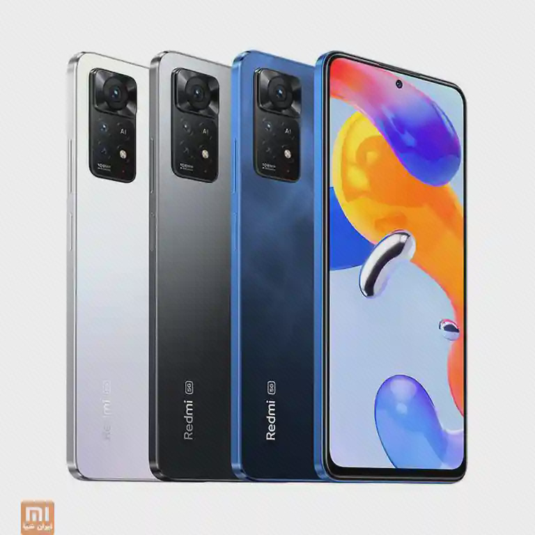 نمای جلو و پشت Redmi Note 11 Pro 5G در رنگ‌های سفید، تیره و آبی