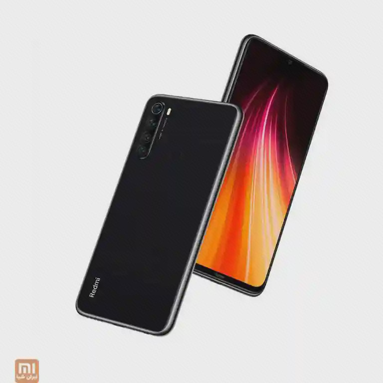 نمای جلو و پشت مشکی Redmi Note 8 با دوربین عمودی گوشهٔ چپ