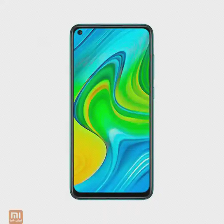 نمای جلوی Redmi Note 9 با حفرهٔ دوربین سلفی در گوشهٔ چپ و تصویر زمینهٔ سبز و آبی