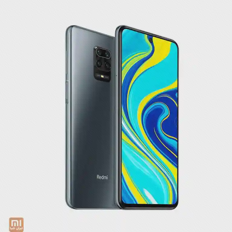 دو نمای مایل جلو و پشت خاکستری Redmi Note 9 Pro با دوربین مرکزی و کلیدهای لبه