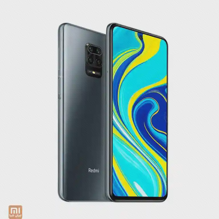 چیدمان مایل جلو و پشت خاکستری Redmi Note 9 Pro با دکمه‌های کناری و دوربین‌های پشت