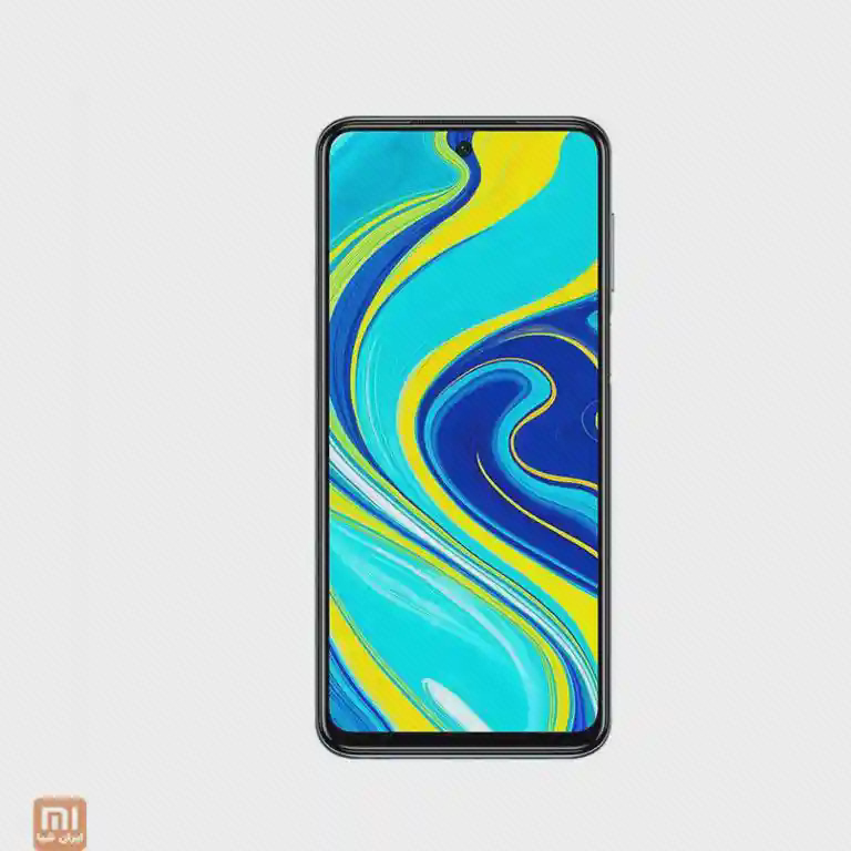 نمای روبه‌روی Redmi Note 9S با حفرهٔ سلفی در بالای مرکز نمایشگر و تصویر آبی و زرد