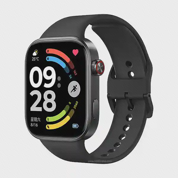ساعت مشکی Redmi Watch 6 با صفحهٔ مستطیلی، تاج قرمزحاشیه و کلید باریک زیر آن