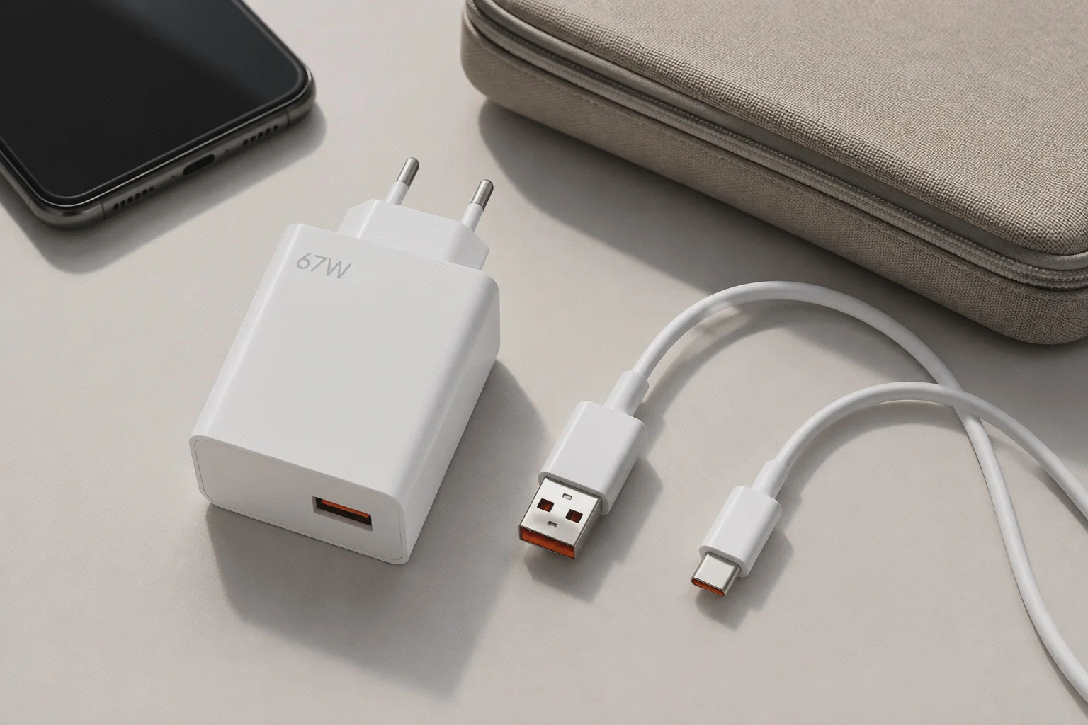 چیدمان آداپتور و کابل جداشدنی چیدمان آداپتور سفید ۶۷ وات و کابل USB-A به USB-C کنار گوشی و کیف پارچهای