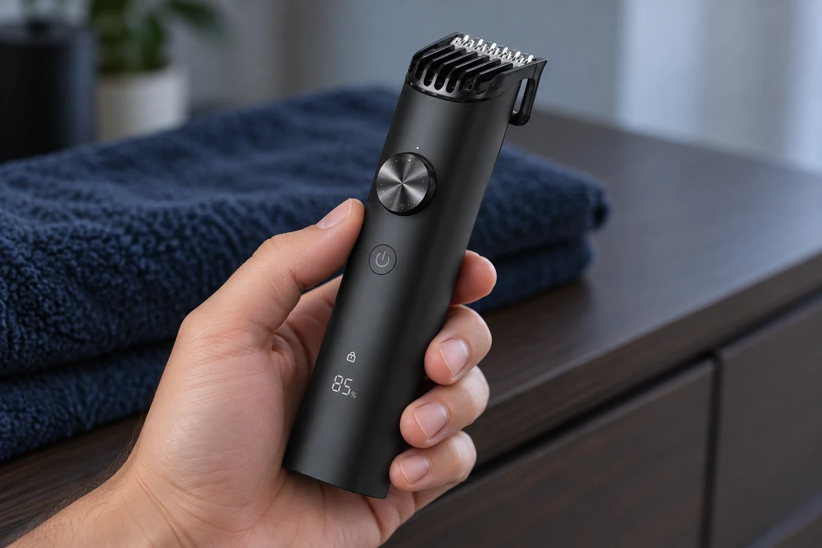 نمای نزدیک ماشین اصلاح Grooming Kit Pro در یک دست، با شانهٔ مشکی و پیچ تنظیم طول