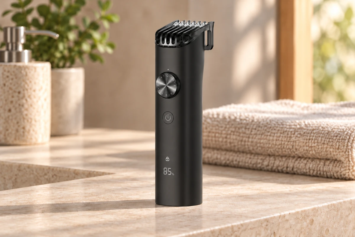 ماشین اصلاح مشکی Xiaomi Grooming Kit Pro با شانهٔ نصب‌شده روی میز روشویی خشک کنار حوله