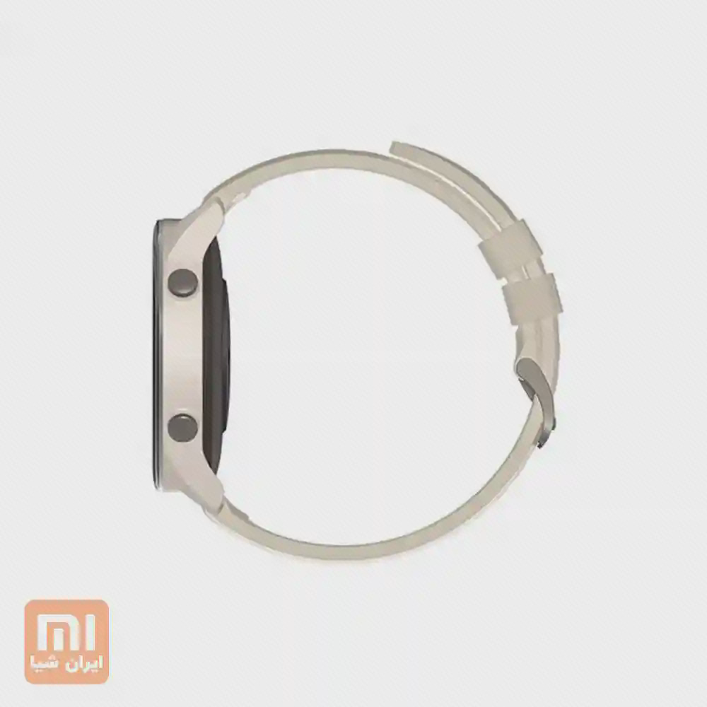 دکمههای جانبی Mi Watch نمای جانبی Mi Watch کرم با دو دکمهٔ فیزیکی و بند بسته