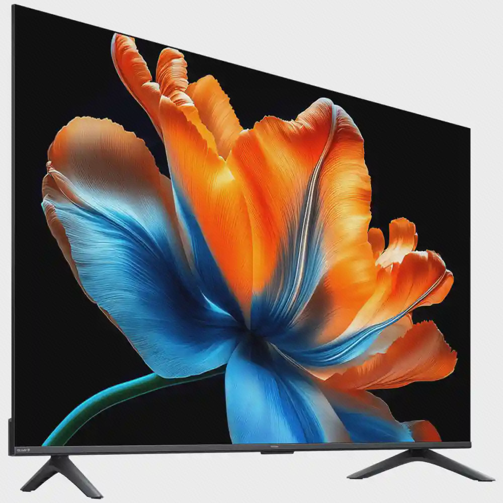 نمای مایل تلویزیون S Mini LED 55 2026 با نمایشگر روشن و پایه‌های دو طرف