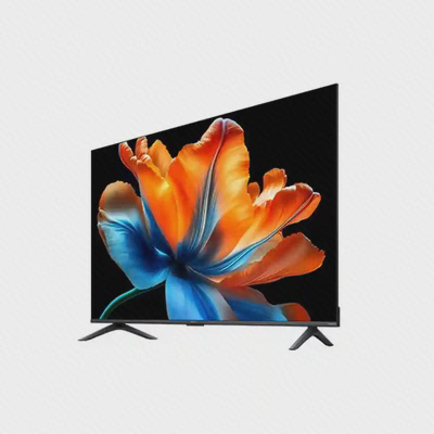 تلویزیون Xiaomi S Mini LED 98 2026 با پایه‌ها و تصویر گل از زاویه